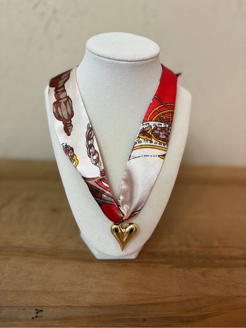 Silk Scarf Necklace with Gold Heart Pendant - Red & Cream